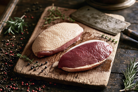 Fresh Raw Duck Breasts with Skin on Wooden Board