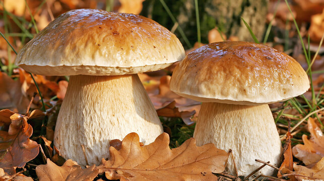 Fresh Porcini Mushrooms in an Autumn Forest