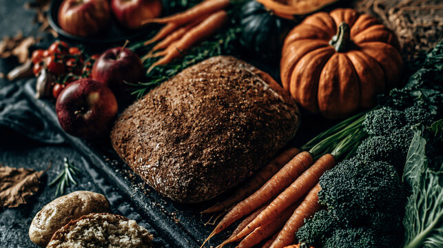 Rustic arrangement of freshly baked loaf bread with pumpkin carrots and broccoli on dark