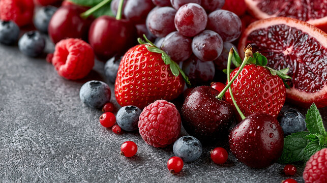 Fresh assorted summer berries and citrus fruits on a rustic stone background with surface