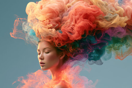 Surreal Woman Portrait with Colorful Abstract Hair