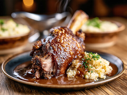 Crispy Pork Knuckle with Sauerkraut and Gravy
