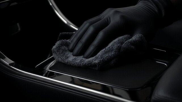 Close-up of a gloved hand wiping the center console of a luxury modern car with a microfiber cloth, highlighting professional car detailing and interior maintenance.
