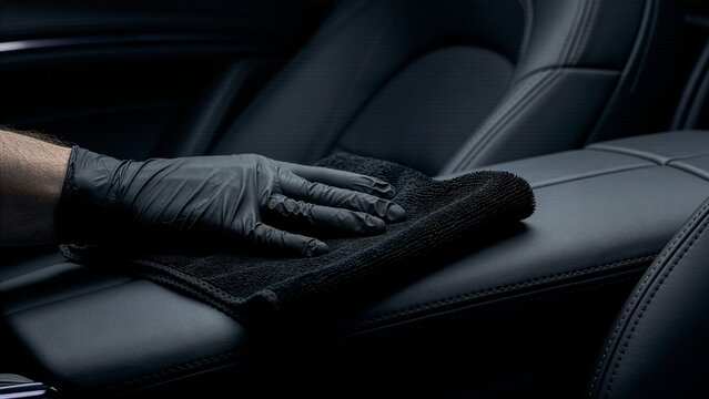 Professional car detailer in black nitrile gloves wiping a luxury leather armrest with a dark microfiber towel, showing precise automotive interior cleaning and maintenance.