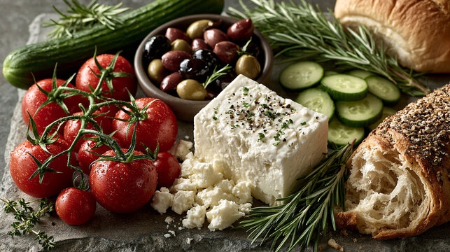 Mediterranean food platter featuring feta cheese tomatoes cucumbers and olives