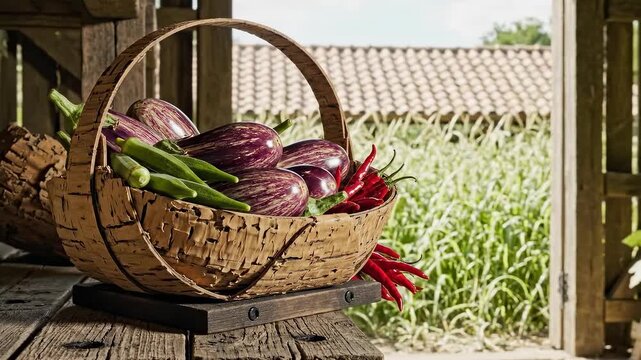 Glossy striped purple eggplants, tender green okra and slender red chilli peppers rest inside a rustic bark basket on weathered timber, with open barn doors revealing a bright field of growing crops