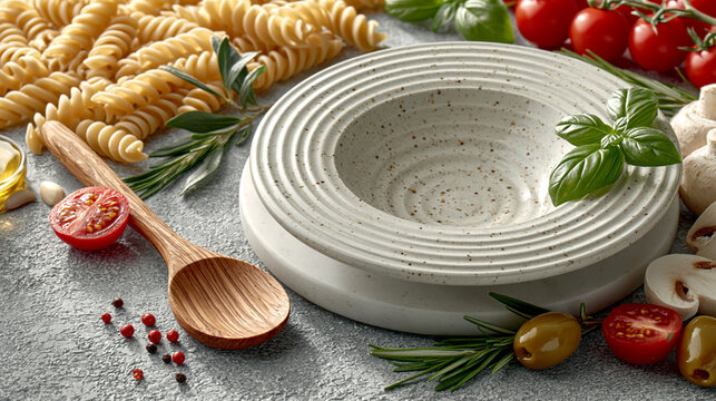 Rustic stone bowl with wooden spoon and scattered fusilli pasta and cherry tomatoes