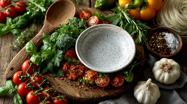 Empty ceramic bowl with wooden spoon surrounded by fresh produce on surface