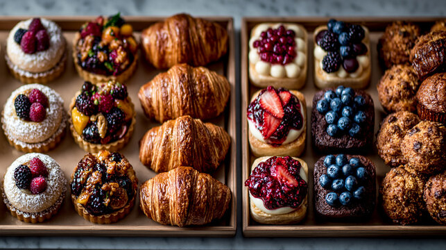 Assorted fruit tarts and golden croissants arranged in wooden serving trays with tart