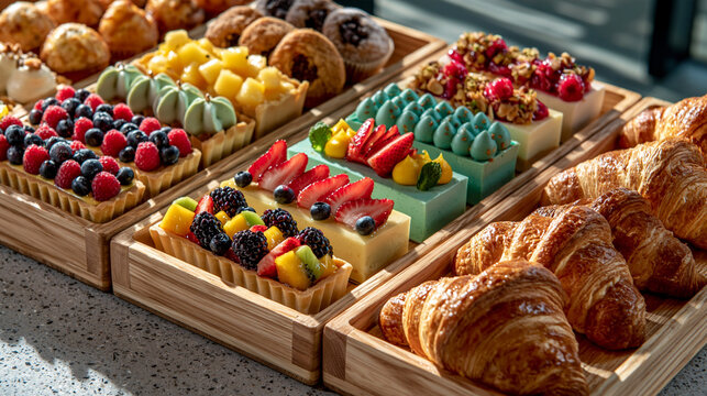Fresh fruit topped pastries and butter croissants presented in wooden containers with croissant