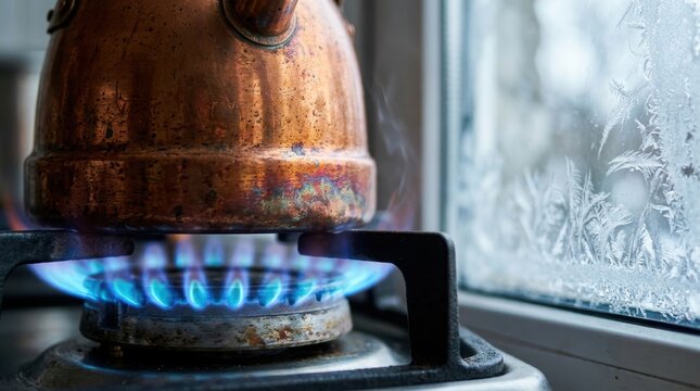 Vintage copper kettle heating on a gas stove with blue flames steam rising next to a frosted window