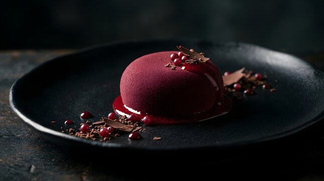 Burgundy velvet mousse cake with berry glaze on a dark ceramic plate