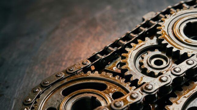 Close up view of oiled metal engine timing chains and gears interlocking showing mechanical complexity