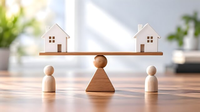 Two white miniature houses balanced on wooden seesaw scale above two wooden peg figures representing fair property division and equal asset settlement