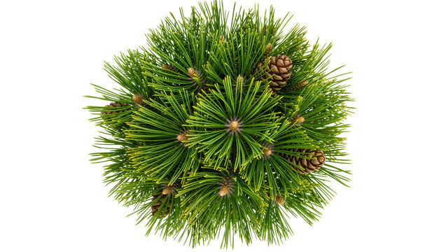Round lush green pine tree branch cluster with small brown pinecones