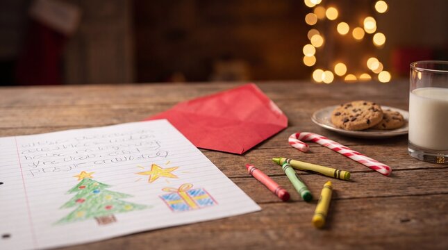Child's letter to Santa on lined paper with treats and colorful crayons on a wooden table