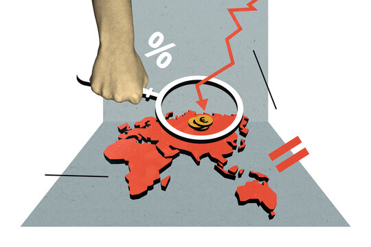 Creative poster collage hand body fragment hold magnifying loop enlarger world map economy recession crisis bankruptcy explore market