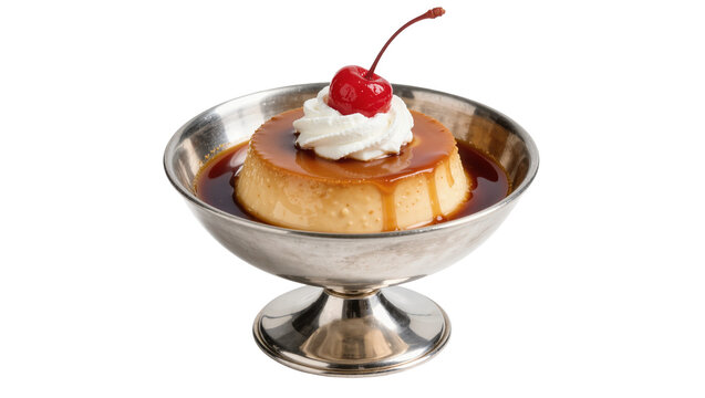 Creamy caramel custard flan with whipped cream and maraschino cherry in metal cup
