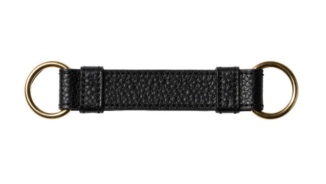 Black textured leather strap with gold metal D-rings on both ends