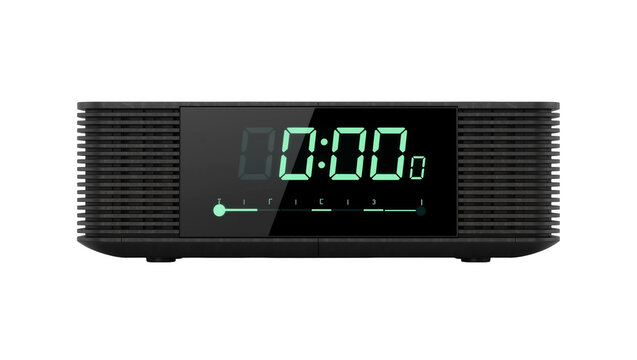 Black digital alarm clock with green LED display showing zero time