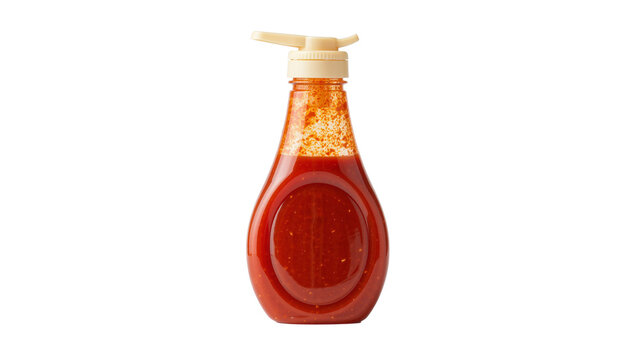 Spicy red chili sauce in a clear plastic squeeze bottle with a beige pump lid