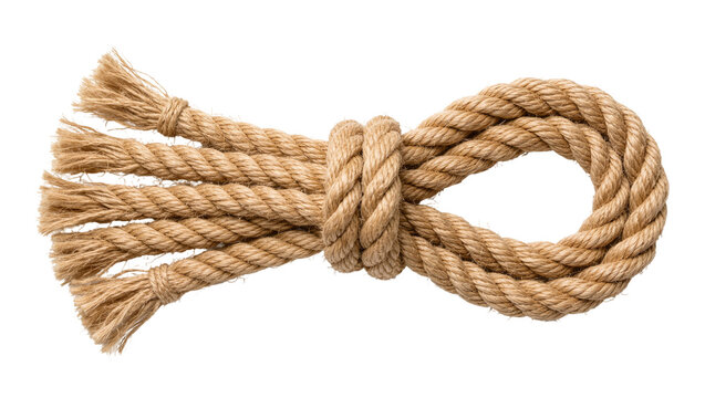 Coiled thick brown jute rope with frayed ends tied in a loop
