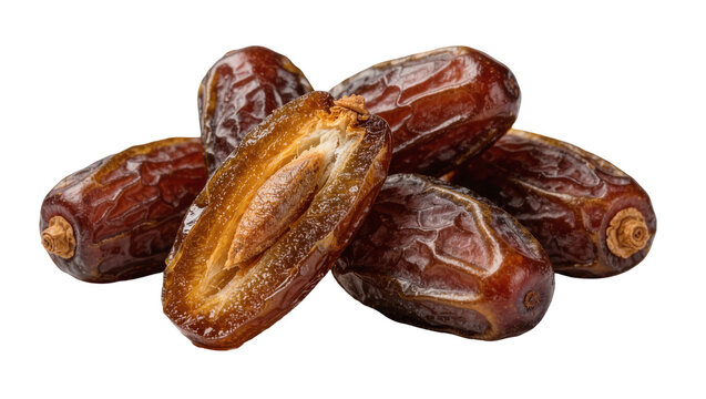 Dried brown date fruits with one halved showing the inner pit