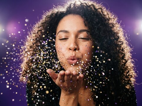 Celebrant blowing glitter in a purple festive portrait