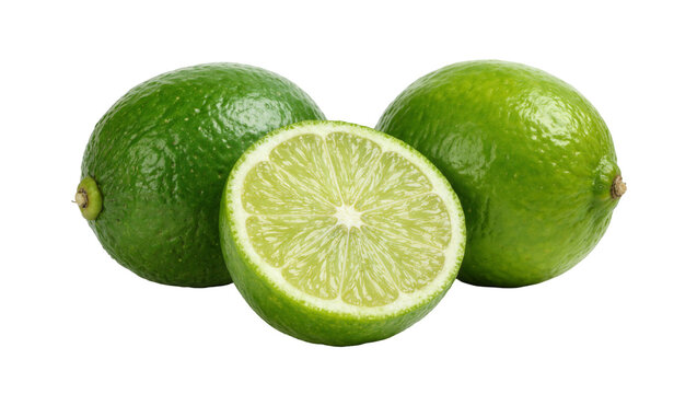 Two whole fresh green limes and one sliced half showing juicy pulp texture