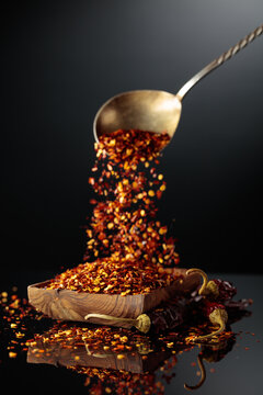 Dry red chili peppers and crushed chili flakes on a black reflective background.