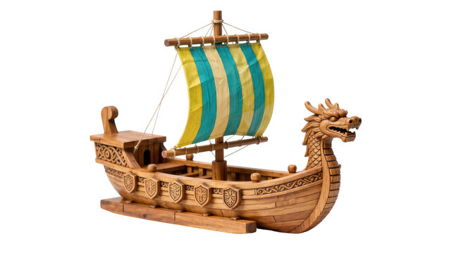 Wooden dragon head viking ship model with striped yellow and teal fabric sail