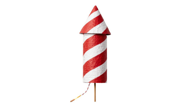 Red and white striped paper firework rocket with a wooden stick and fuse