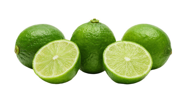 Fresh whole and halved green limes with textured peel and juicy pulp