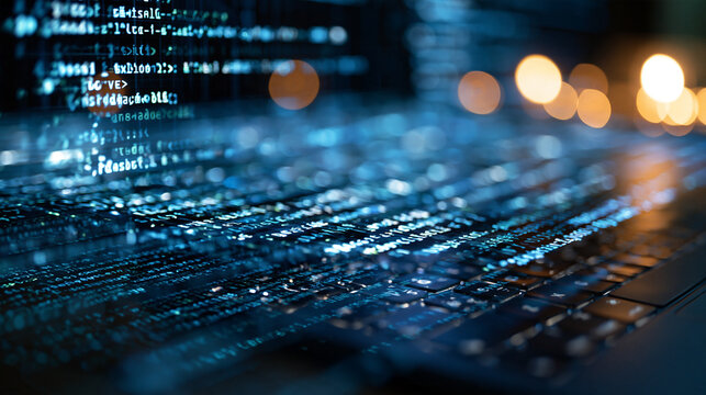 Close up of blue tinted computer code on a screen against a deep background lines of syntax fading out of focus toward the edges shallow depth of field computer code blue