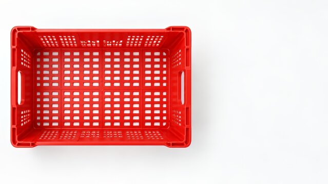 empty red plastic shopping basket isolated on a white background with generous copy space for grocery retail advertising, budget shopping, conscious consumption and intentional spending