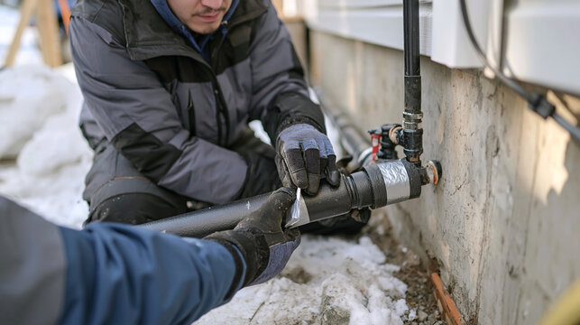 A homeowner in insulated work gloves kneeling beside an outdoor water spigot, fitting a section of black foam pipe insulation over the exposed plumbing and fastening it tightly