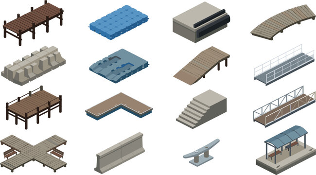 Isometric vector collection of waterfront infrastructure elements including wooden docks floating pontoons piers stairs ramps bridges and a covered waiting station