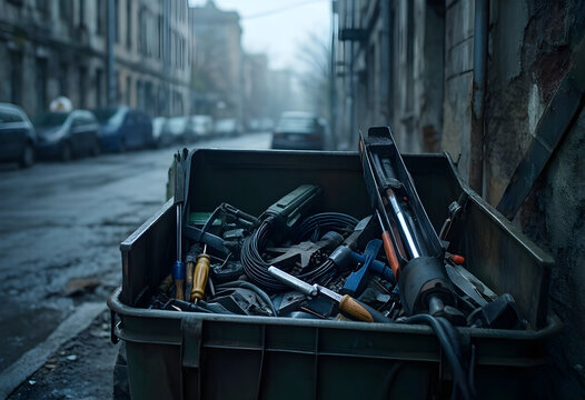 Urban decay and economic decline, discarded tools in a plastic bin on a gloomy city street representing industrial obsolescence and job loss
