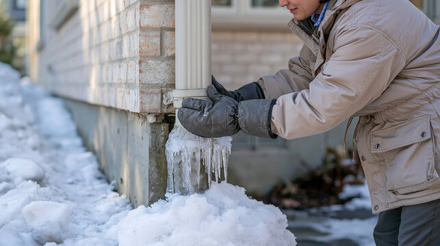 A homeowner wearing a beige winter parka and thick waterproof gloves examining ice buildup on a vertical downspout beside a pale brick house, gently touching the frozen pipe just