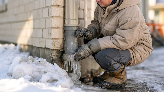 A homeowner wearing a beige winter parka and thick waterproof gloves examining ice buildup on a vertical downspout beside a pale brick house, gently touching the frozen pipe just