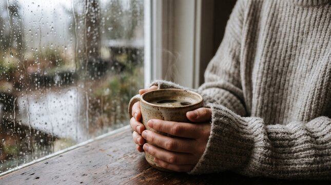 Cozy Person Sipping Tea By Rainy Window View.