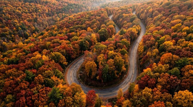 Curving Forest Road Amidst Autumnal Canopy.