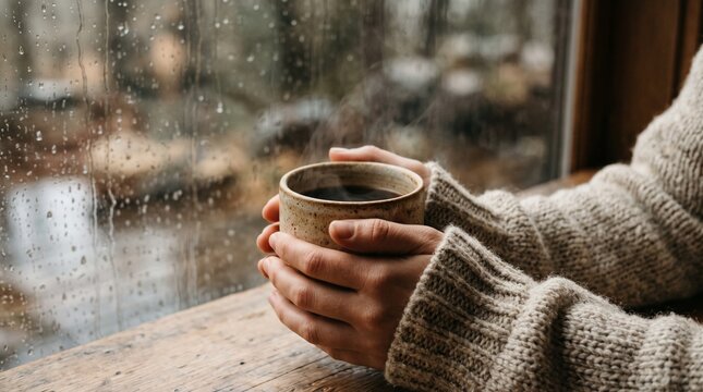 Cozy Warm Hands Sipping Coffee By Rainy Window.
