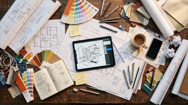 Creative workspace with design tools and digital tablet.