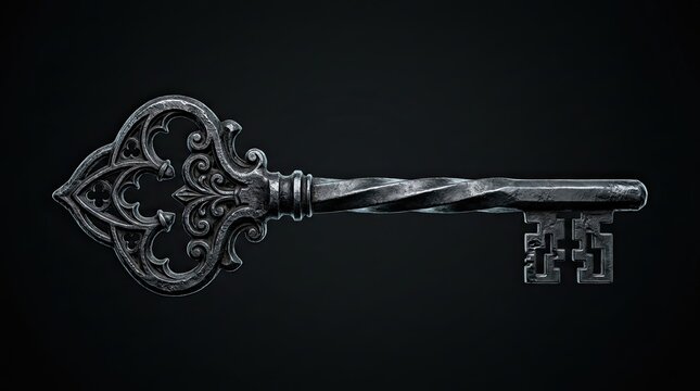 Ornate antique skeleton key, vintage metal door opener with intricate scrollwork, dark background