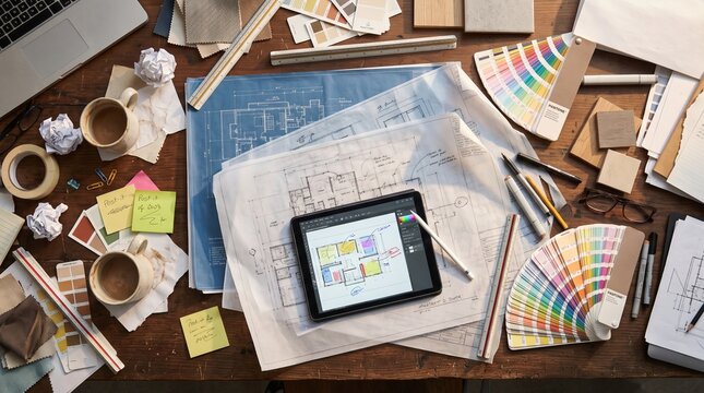 Creative workspace with digital design tools.