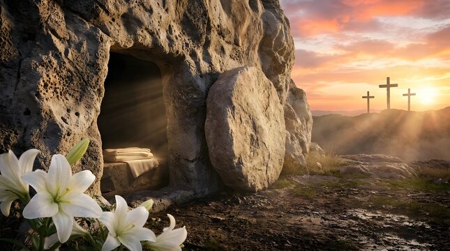 Empty stone tomb with white lilies and three crosses at sunrise