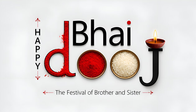 Happy Bhai Dooj festival background design with ceremonial puja thali, diya, sweets, and marigold flower decorations vector