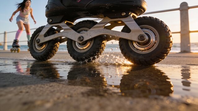 Rolling inline skate wheel assembly splashing puddle on promenade, showing skater in denim shorts