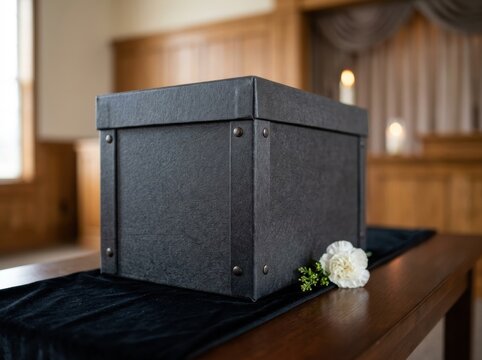 funeral ashes transfer container Black urn box with white flowers on a wooden table in a room with wood paneling.